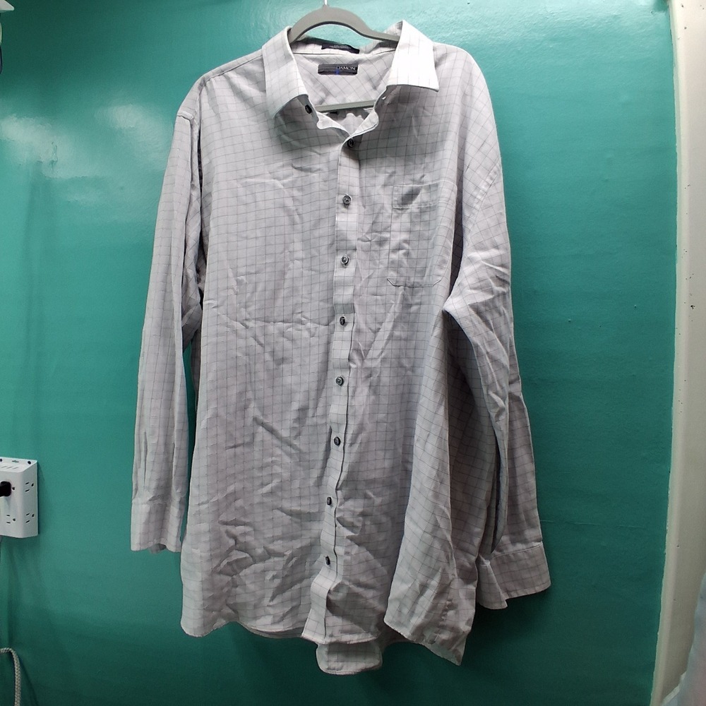 Damon Dress Shirt 19 36/37 Tall White Grey Grid Dri-Tech Business Professional